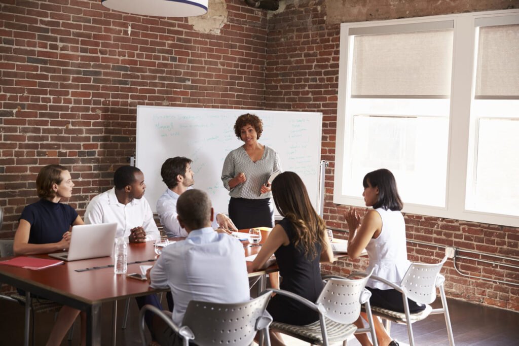 mature businesswoman addressing boardroom meeting